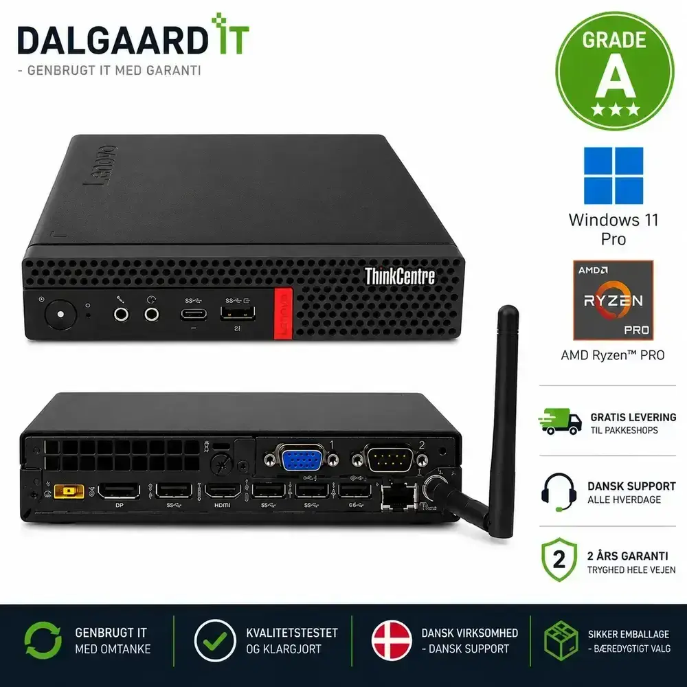 Dalgaard-IT's salgsbillede af en Lenovo ThinkCentre M75q mini-pc set forfra og bagfra med forhandlerens mærker