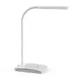Hvid MAUL pearly bordlampe med fleksibel hals, fladt lampehoved og touchknapper på foden