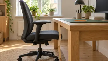 Illustration af en tom kontorstol skubbet ind til et træbord med en tommestok lænet op ad bordkanten