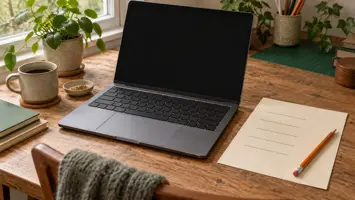 Illustration af en åben brugt bærbar computer på et skrivebord med en tom tjekliste på papir og en blyant ved siden af