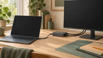 Illustration af en bærbar computer forbundet med ét kabel til en lille dockingstation, der er koblet til en skærm