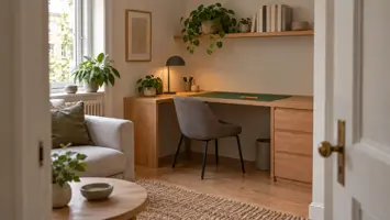 Illustration af et hjørne i en dansk stue indrettet som lille arbejdsplads med hjørnebord, stol, hylde og planter