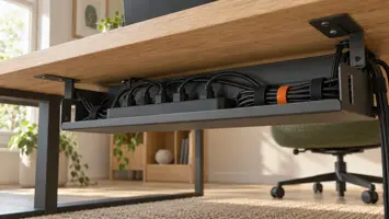 Illustration af undersiden af et skrivebord med en kabelbakke i metal, der holder en stikdåse og samlede kabler