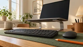 Illustration af en bærbar computer hævet på en metalstand med separat tastatur og mus foran på skrivebordet