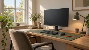 Illustration af et skrivebord ved et vindue med dagslys fra siden, en skærm vinkelret på vinduet og en bordlampe