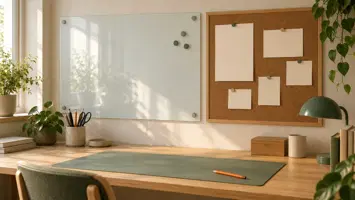 Illustration af en væg over et skrivebord med en glastavle og en opslagstavle i kork med blanke sedler og magneter