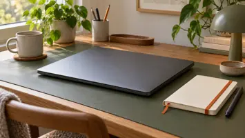 Illustration af en lukket bærbar computer uden mærke på et træskrivebord ved siden af en notesbog og en pen