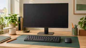 Illustration af en flad skærm uden mærke på sin fod på et ryddeligt skrivebord med et tastatur foran
