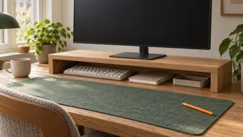 Illustration af en skærmhylde i træ, der hæver en skærm på skrivebordet, med et tastatur og små ting ryddet ind under