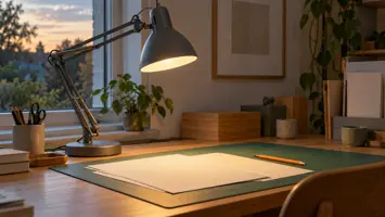 Illustration af en arkitektlampe med leddelt arm, der lyser på et skrivebord med papirer en aften