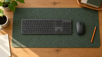 Illustration set ovenfra af et stort grønt filtunderlag på et træskrivebord med tastatur, mus og blyant