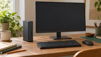 Illustration af en lille stationær minicomputer uden mærke ved siden af en skærm med tastatur og mus på skrivebordet