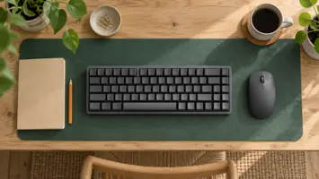Illustration set ovenfra af et tastatur og en mus uden mærke på et grønt skrivebordsunderlag ved siden af en notesbog
