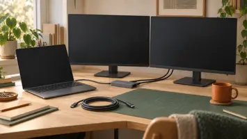 Illustration af en bærbar computer koblet via en lille hub til to skærme uden mærke, med et USB-C-kabel i forgrunden