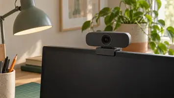 Illustration af et lille webcam uden mærke sat fast oven på en skærm i et roligt hjemmekontor med lampe og plante
