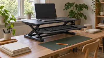 Illustration af en sort bordforhøjer med en bærbar computer, stillet oven på et almindeligt træskrivebord