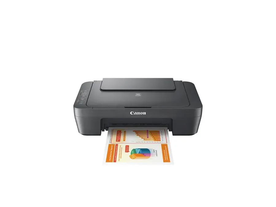 Grå Canon PIXMA MG2551S blækprinter med scannerlåg, set forfra