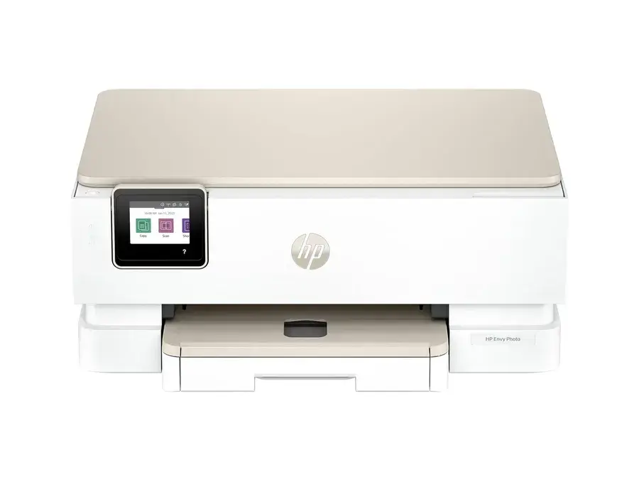 Hvid og sandfarvet HP Envy Photo 7234 blækprinter med farveskærm i fronten
