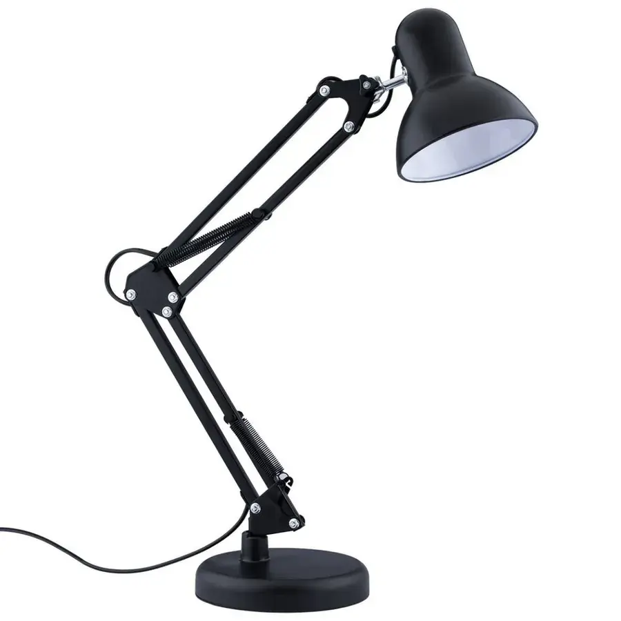 Sort arkitektlampe fra V-TAC med to leddelte arme og rundt lampehoved, sat på bordfod