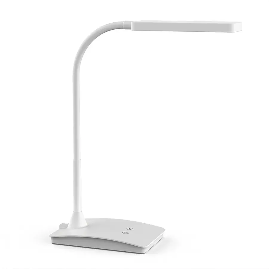 Hvid MAUL pearly bordlampe med fleksibel hals, fladt lampehoved og touchknapper på foden